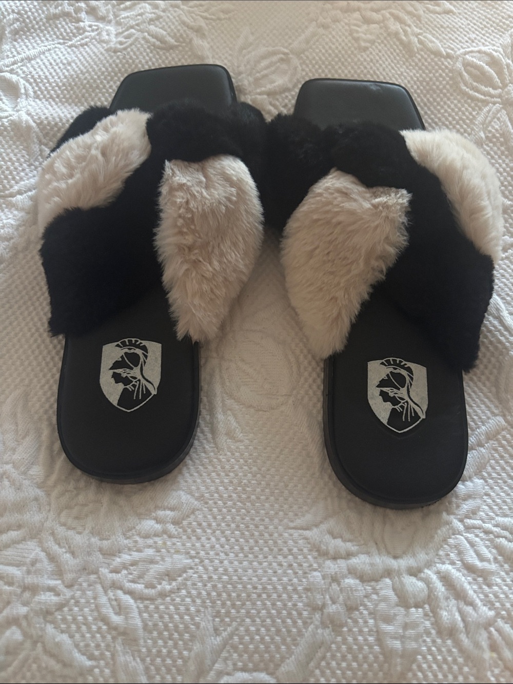 VHNY Black and Cream Faux Fur Slide Sandals